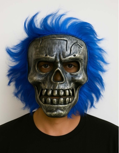 Wild Skull - Gümüş Kafatası Mavi Saçlı İskelet Maske