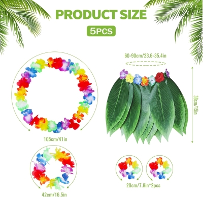 Yetişkin Hawaii Kostüm Seti - Yaprak Etek &amp;amp; Hawaii Set - 5 Parça