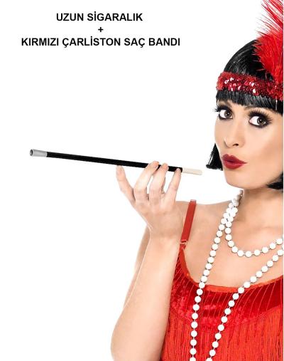 1920'ler 1990'lar Gatsby Kadın Aksesuar Seti – Kırmızı Charleston Saç Bandı ve Sigaralık