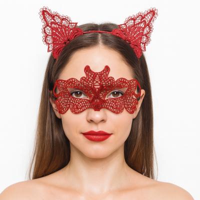 Ateş Kırmızısı Dantel Taç ve Maske Seti 10 No - Maskeli Balo &amp;amp; Özel Gün Seti
