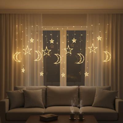 Ay ve Yıldız Figürlü Kumandalı 12 Sarkıtlı 120 LED Dekor Işık – Dekoratif Ortam ve Masaüstü Aydınlatması