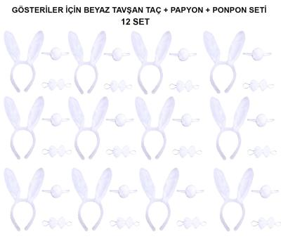 Beyaz Tavşan Kostüm Seti – Taç, Papyon, Kuyruk (12’li Paket)