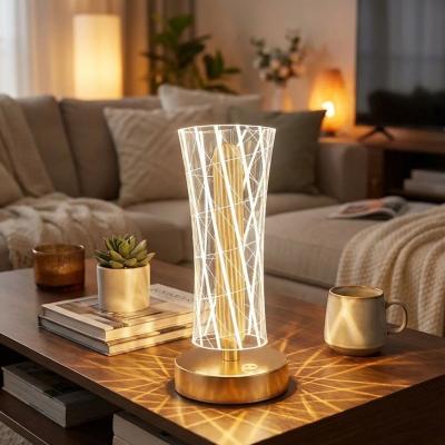 Silindirik Kristal Çizgi Model LED Masa Lambası – Gold Tabanlı, Dokunmatik, 3 Renk Işık Modlu, Şarjlı Modern Dekoratif Gece Lambası